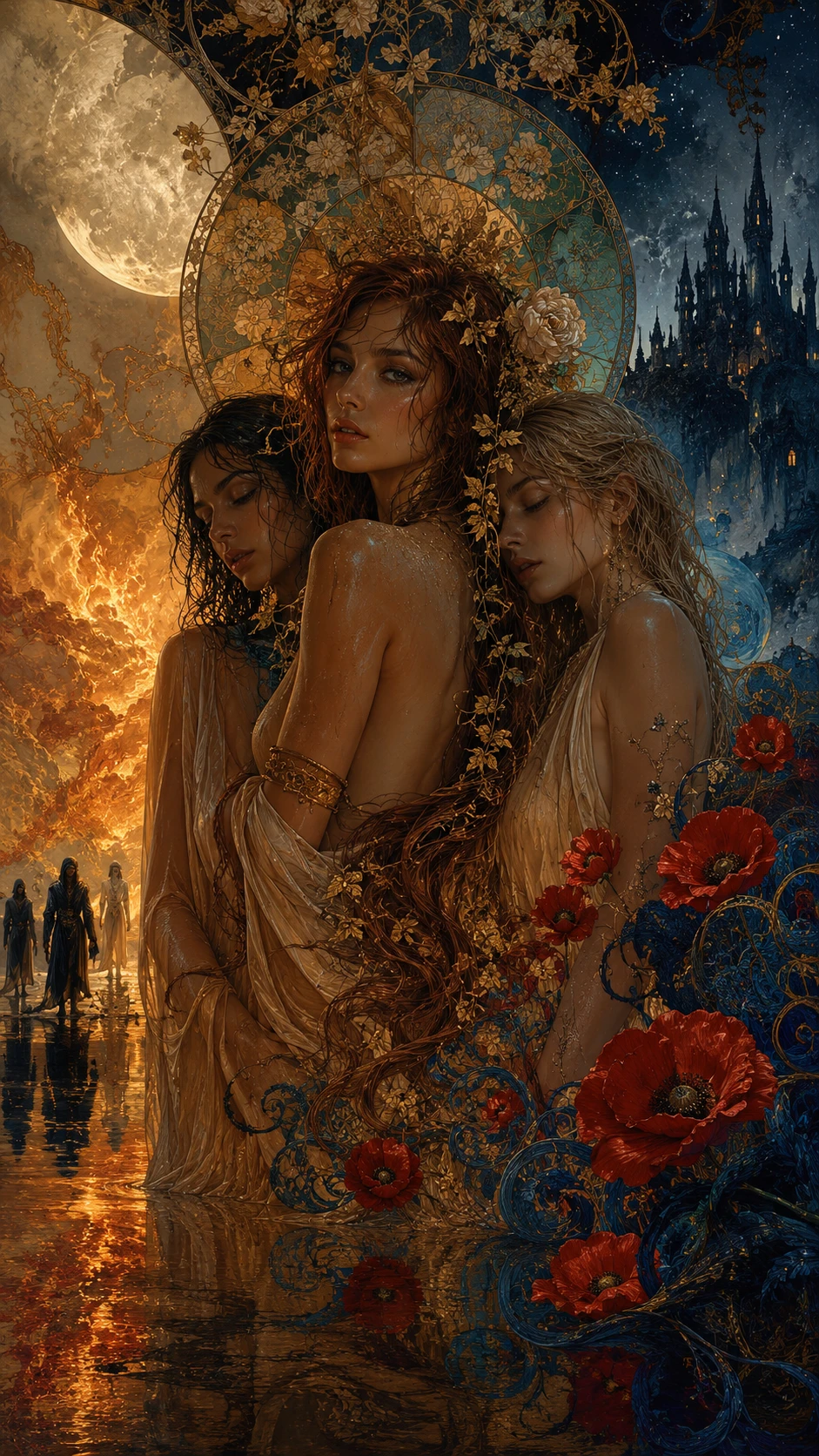Ethereal women in flowing silk within a surreal dreamscape