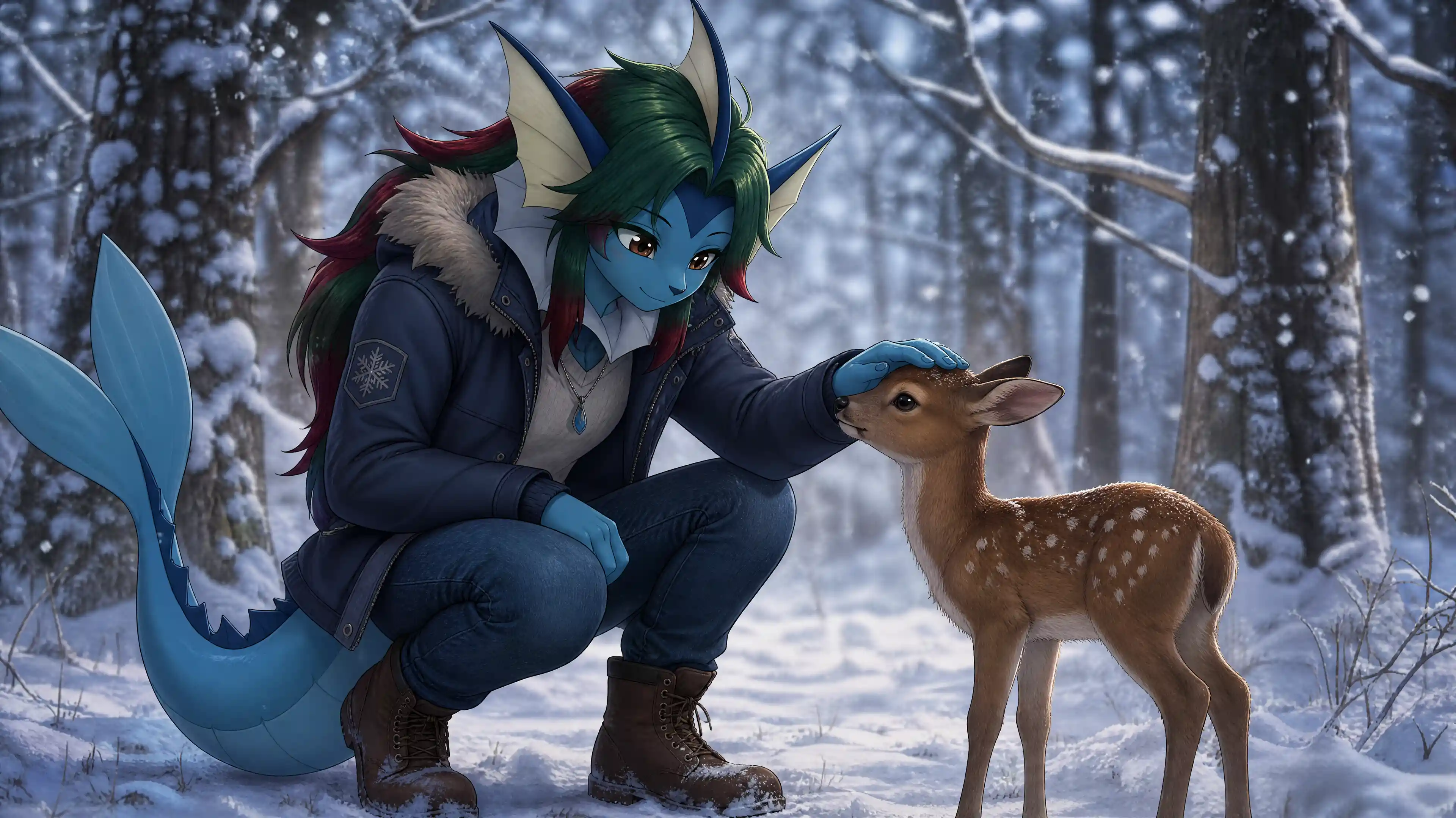 Anthro creature gently petting a baby deer in winter forest