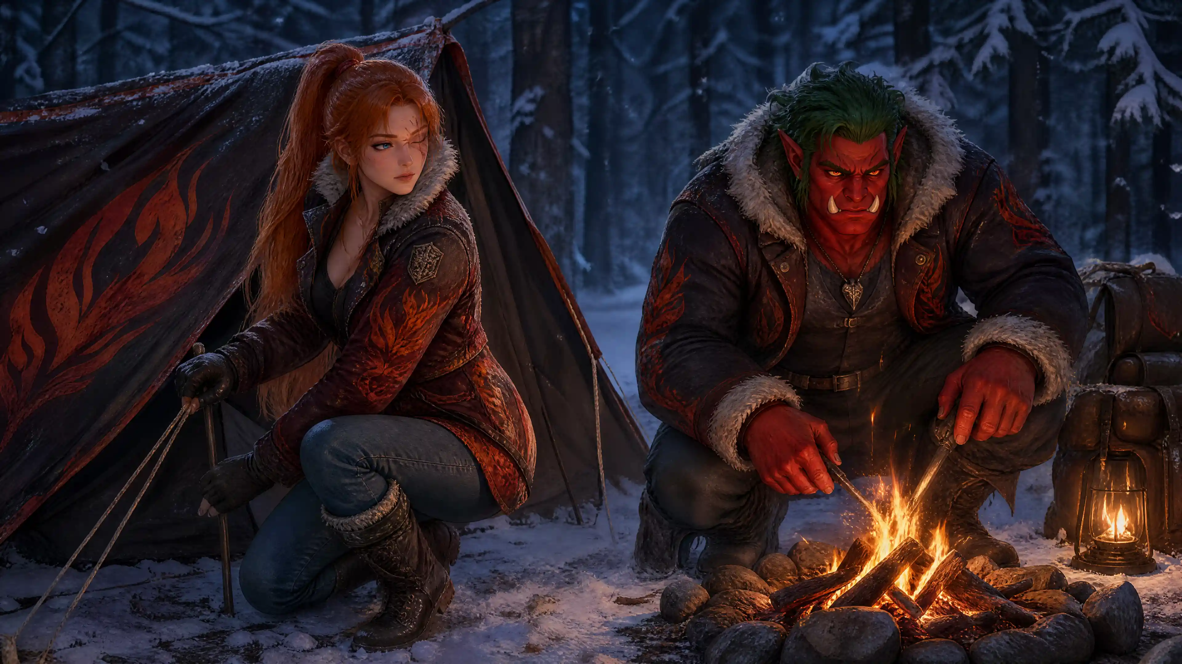 奇幻情侶在白雪冬日森林中一同露營