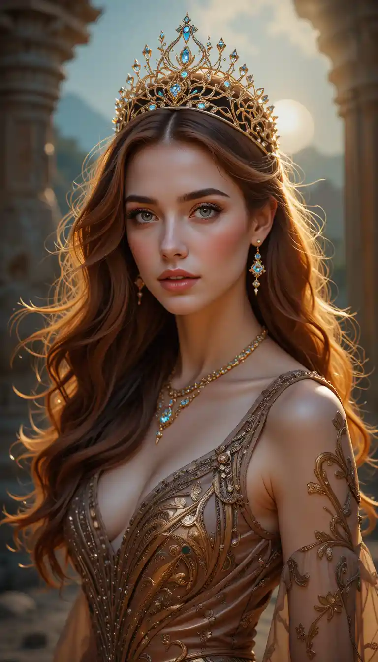 Elegante donna dai capelli castano ramato con corona d’oro tempestata di gemme