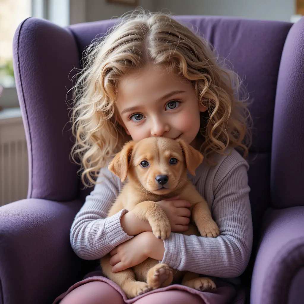 Petite fille câlinant un chiot dans un fauteuil violet