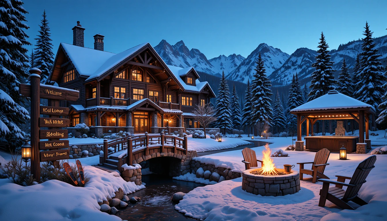 冬日暮光下溫馨的雪山木屋