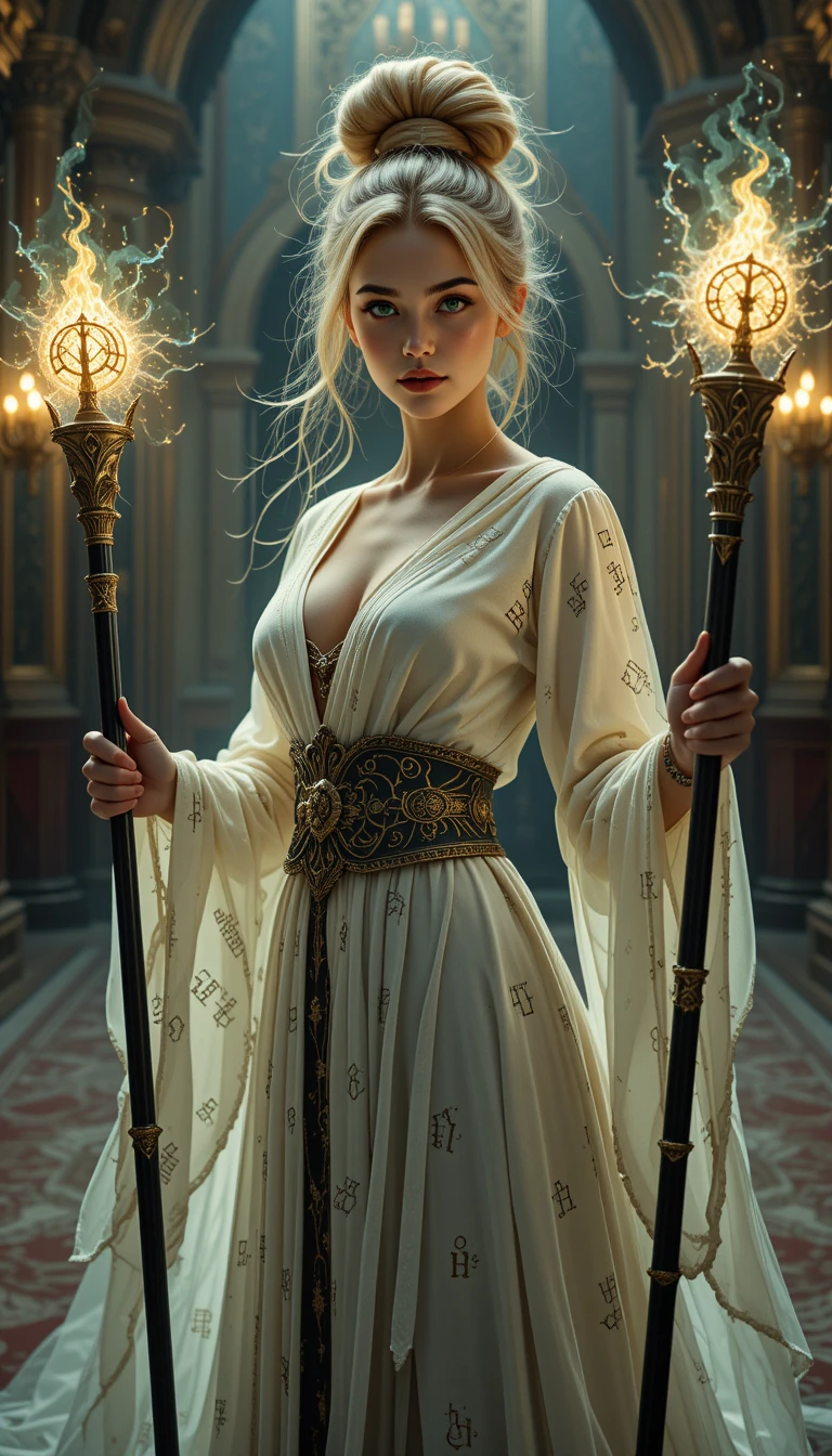 Young wizard woman in a glowing runic palace