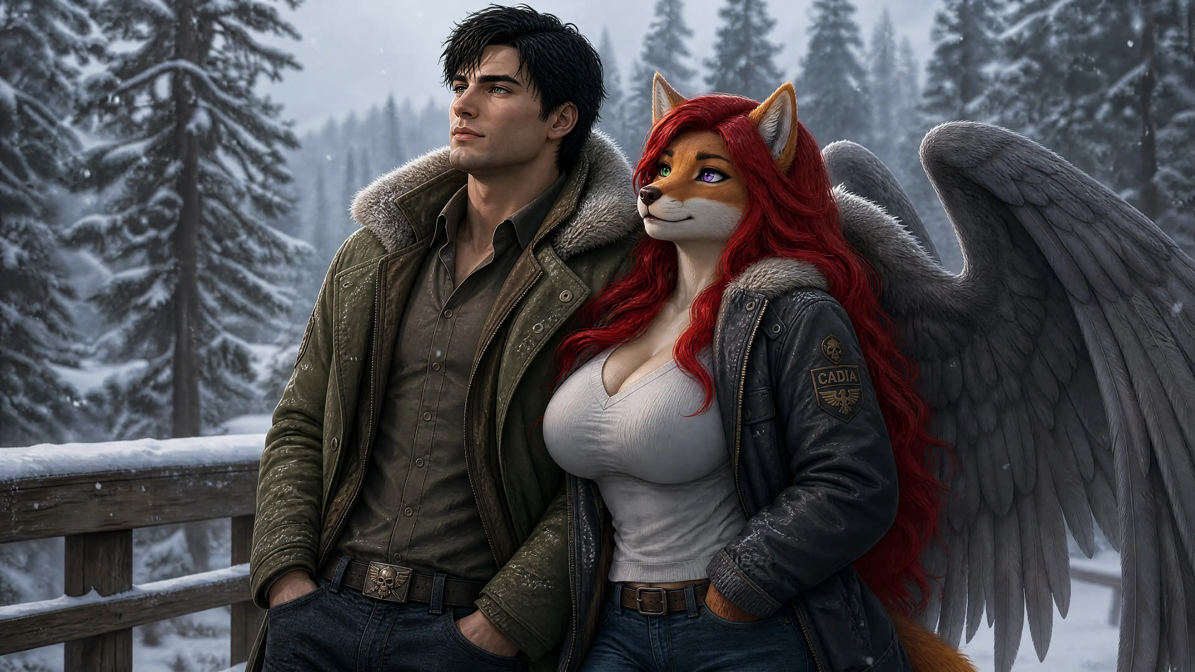 Couple watching gentle snowfall in a quiet winter forest