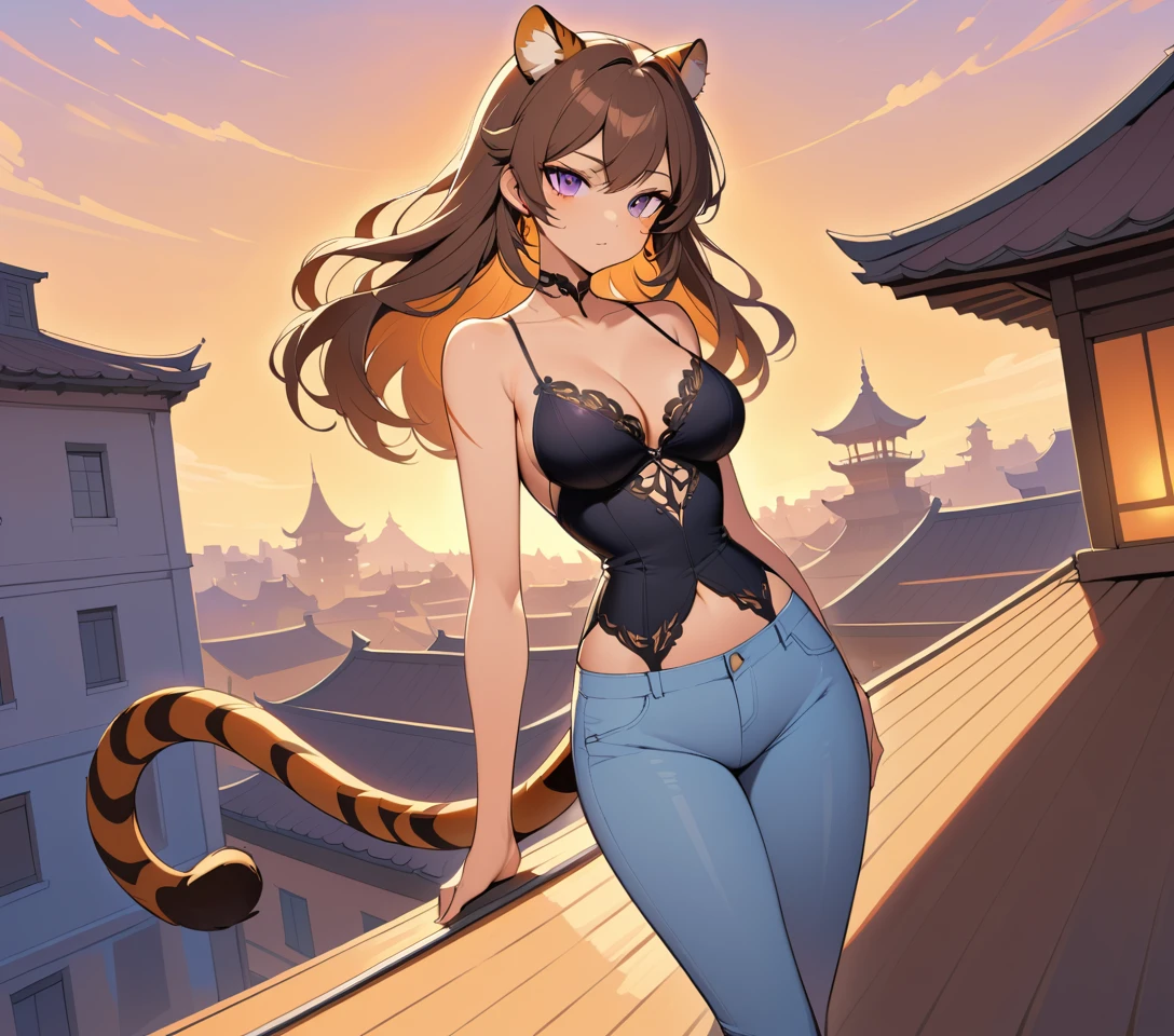 夕陽下在屋頂擺姿勢的貓系女子