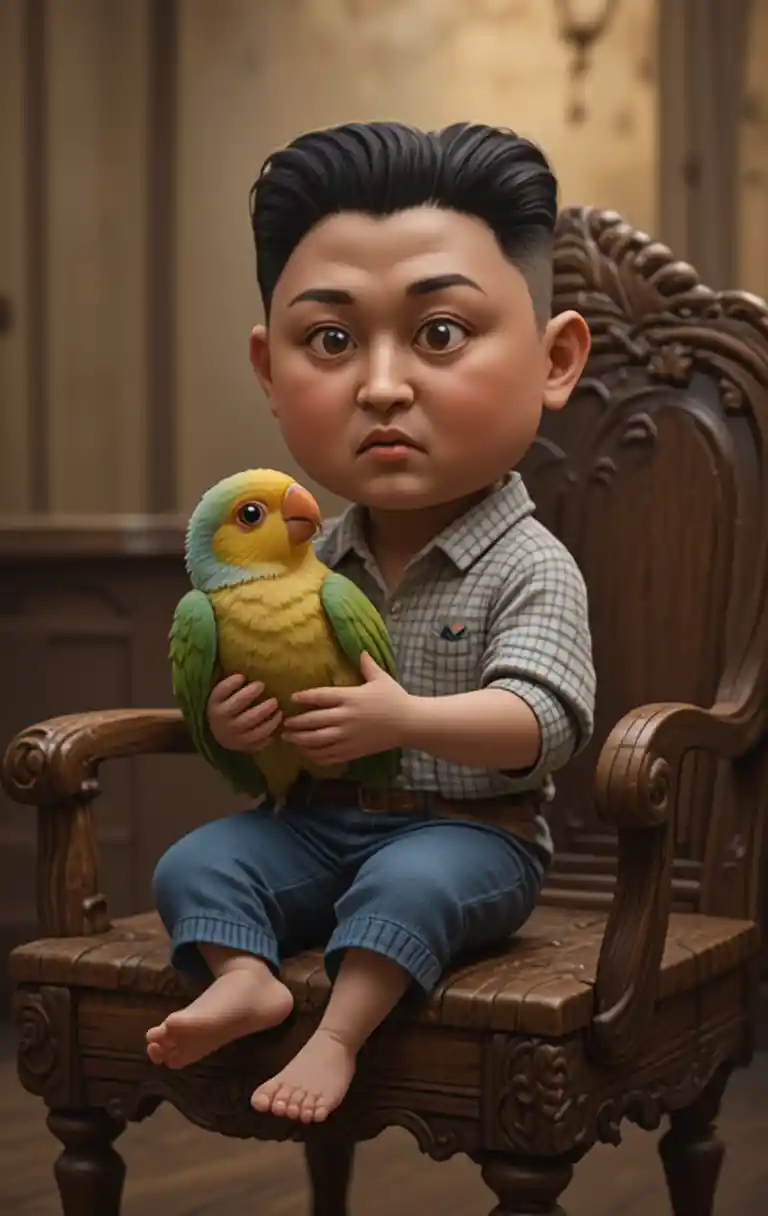 坐在木椅上擁抱鸚鵡的小男孩