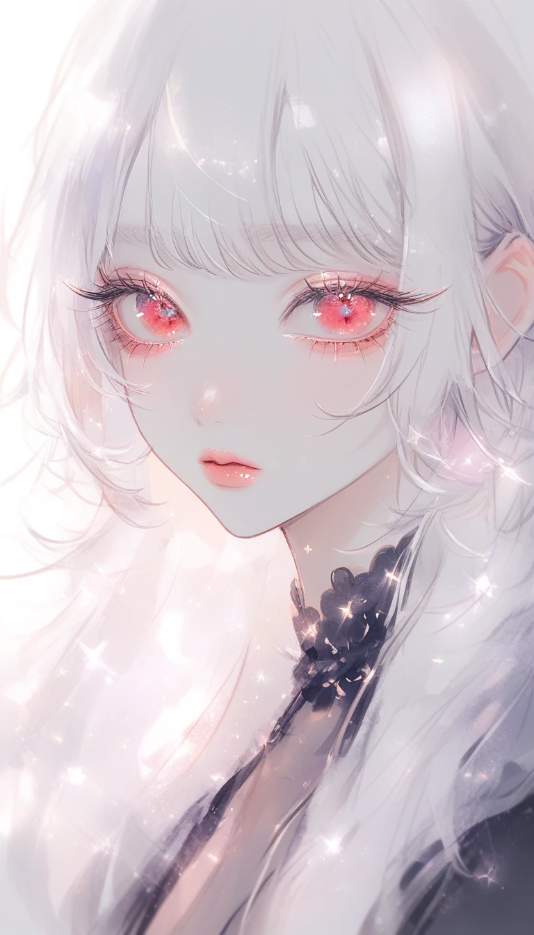 Cute white haired girl with red eyes in black dress