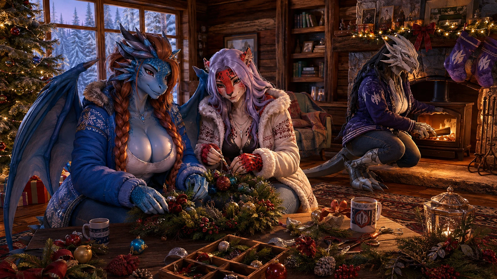 Fantasy wives decorating a cozy winter cabin together
