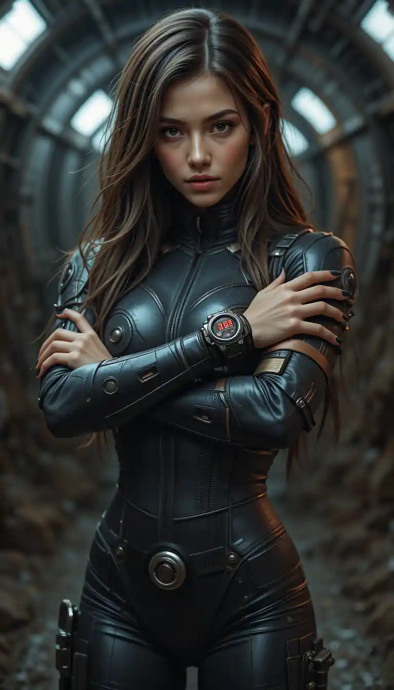 Jovem moradora de vault em traje sci-fi justo