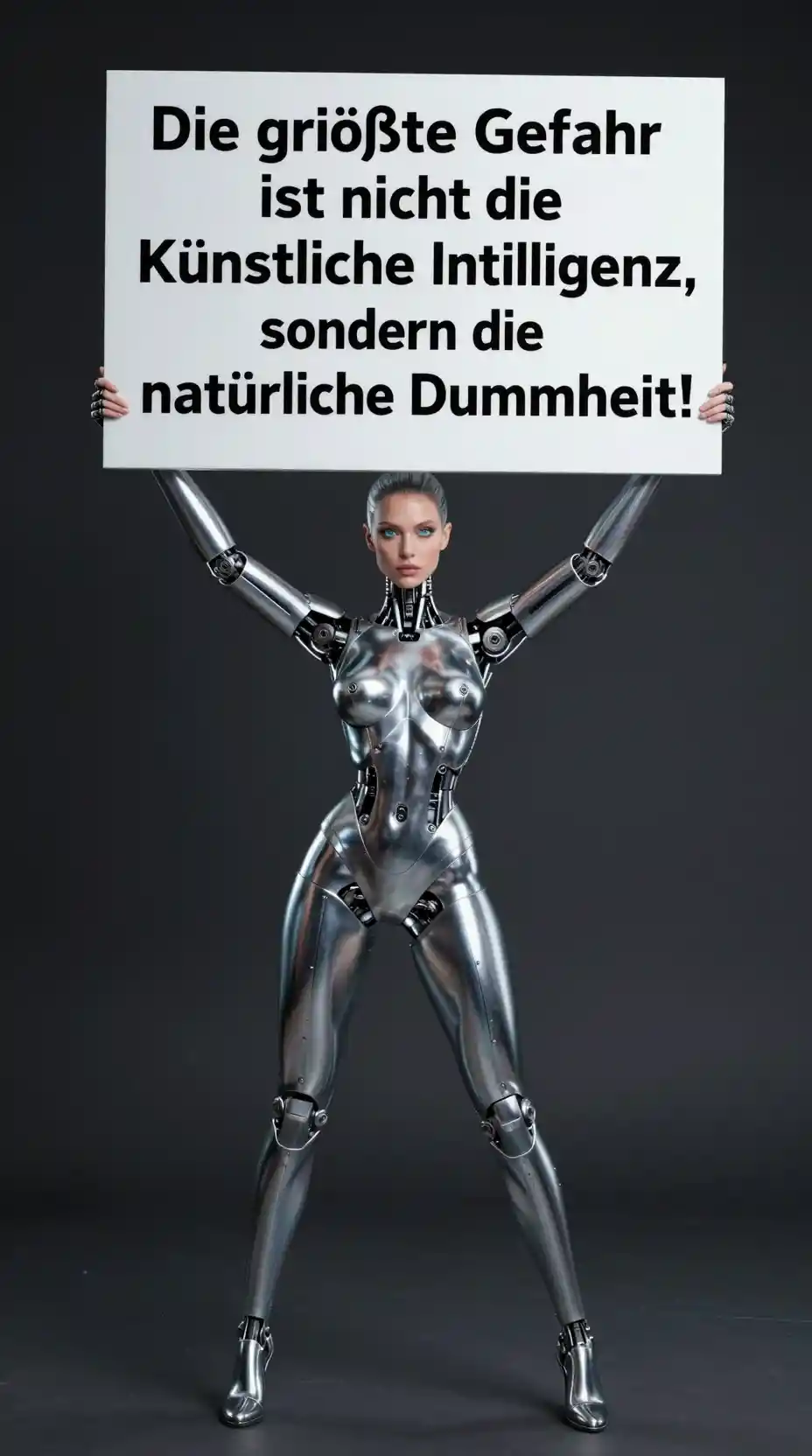 Humanoid robot woman holding protest sign in studio
