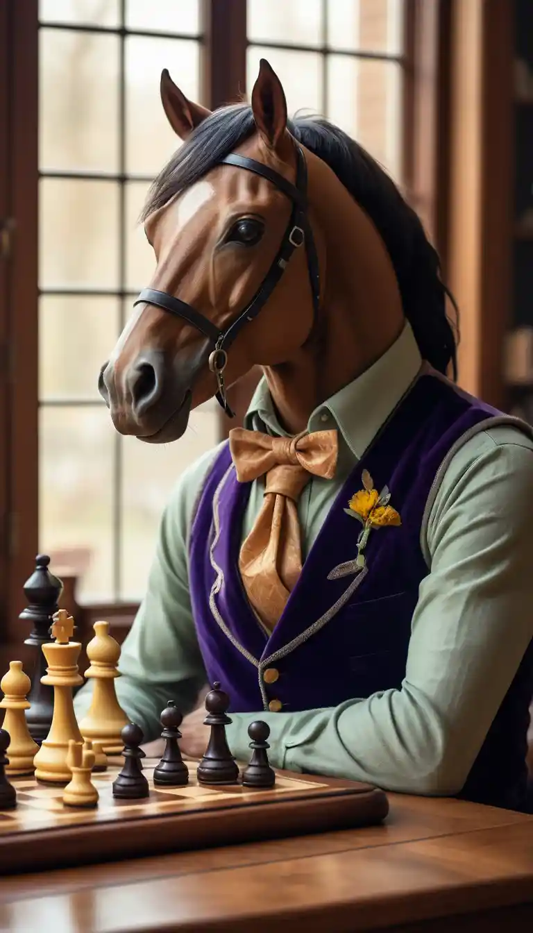 Anthropomorphic chess knight poised over a white queen