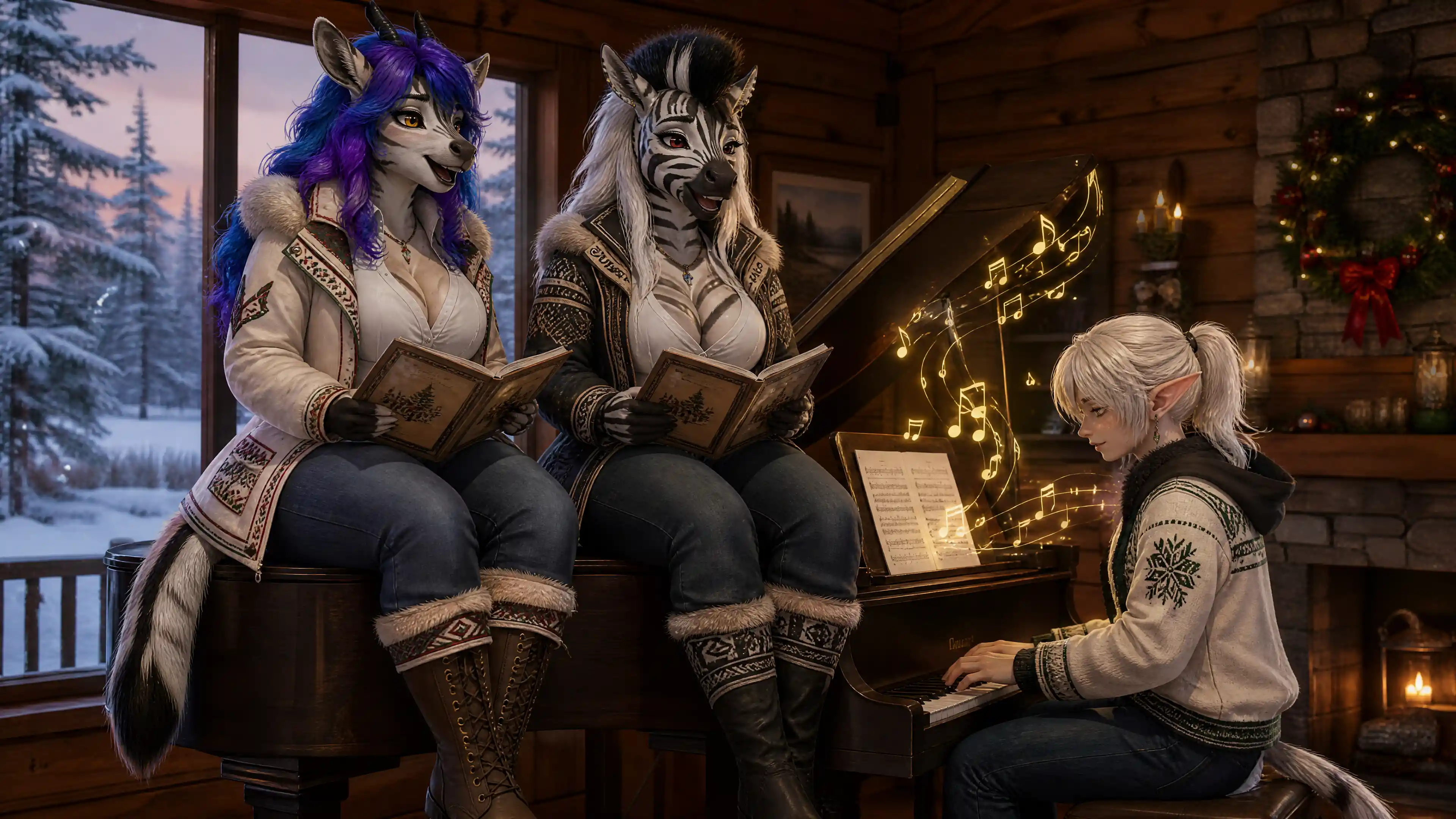 Fantasy women singing carols in a snowy forest cabin