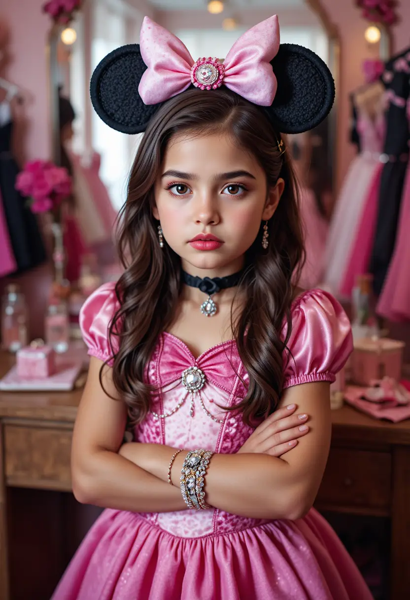 Garçon préadolescent nerveux en costume de princesse Minnie devant la coiffeuse