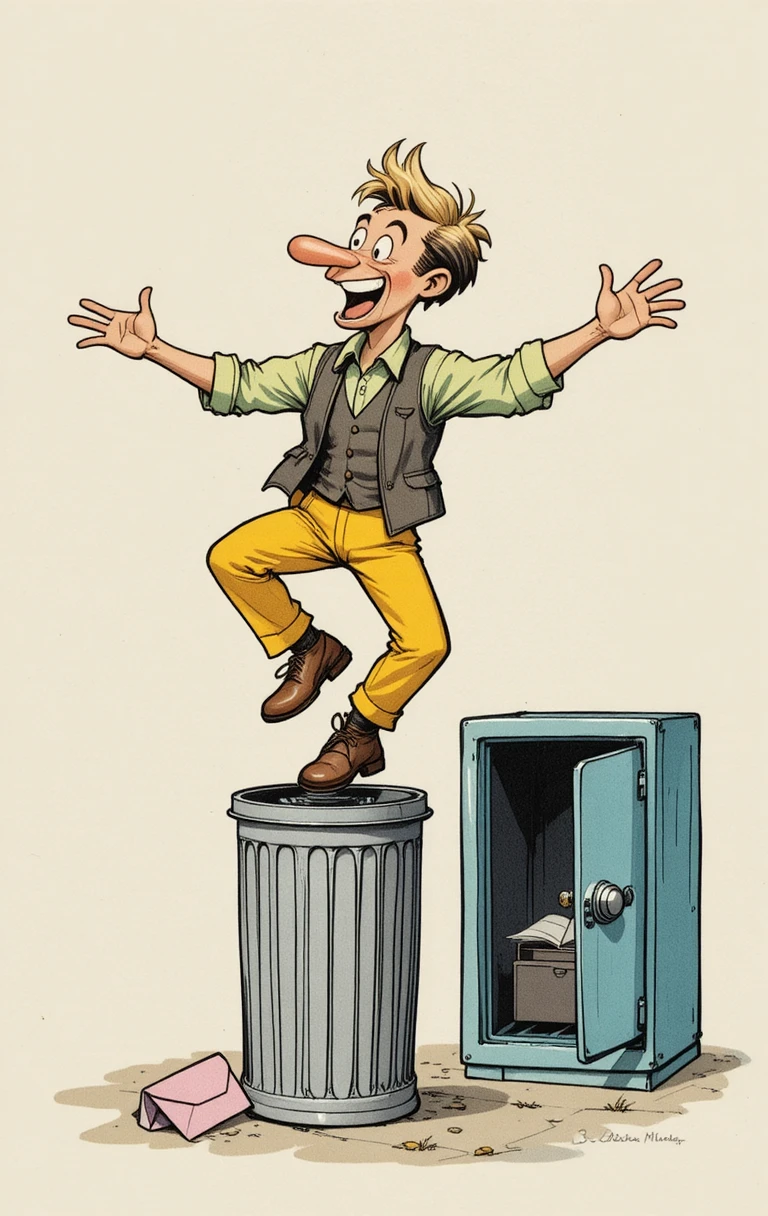 Joyful man dancing on a trash can in cartoon style