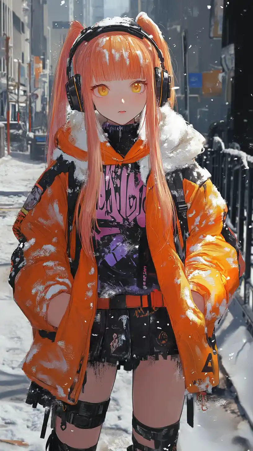 Anime girl in orange winter coat with headphones and mask