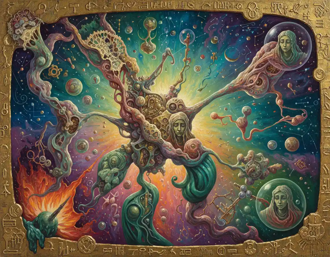 Surreal organic forms emerging in a dreamlike painted realm