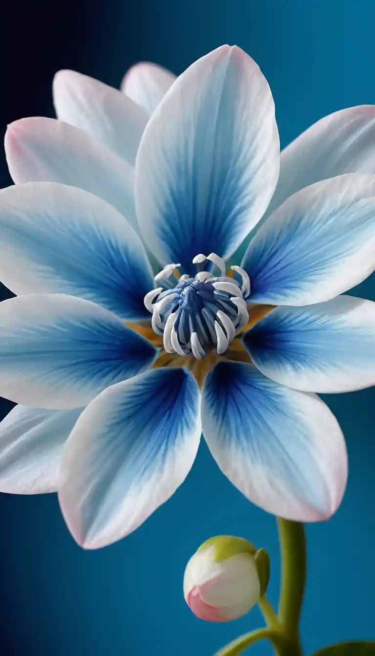 Makro-Nahaufnahme einer exotischen blau-weißen Blüte