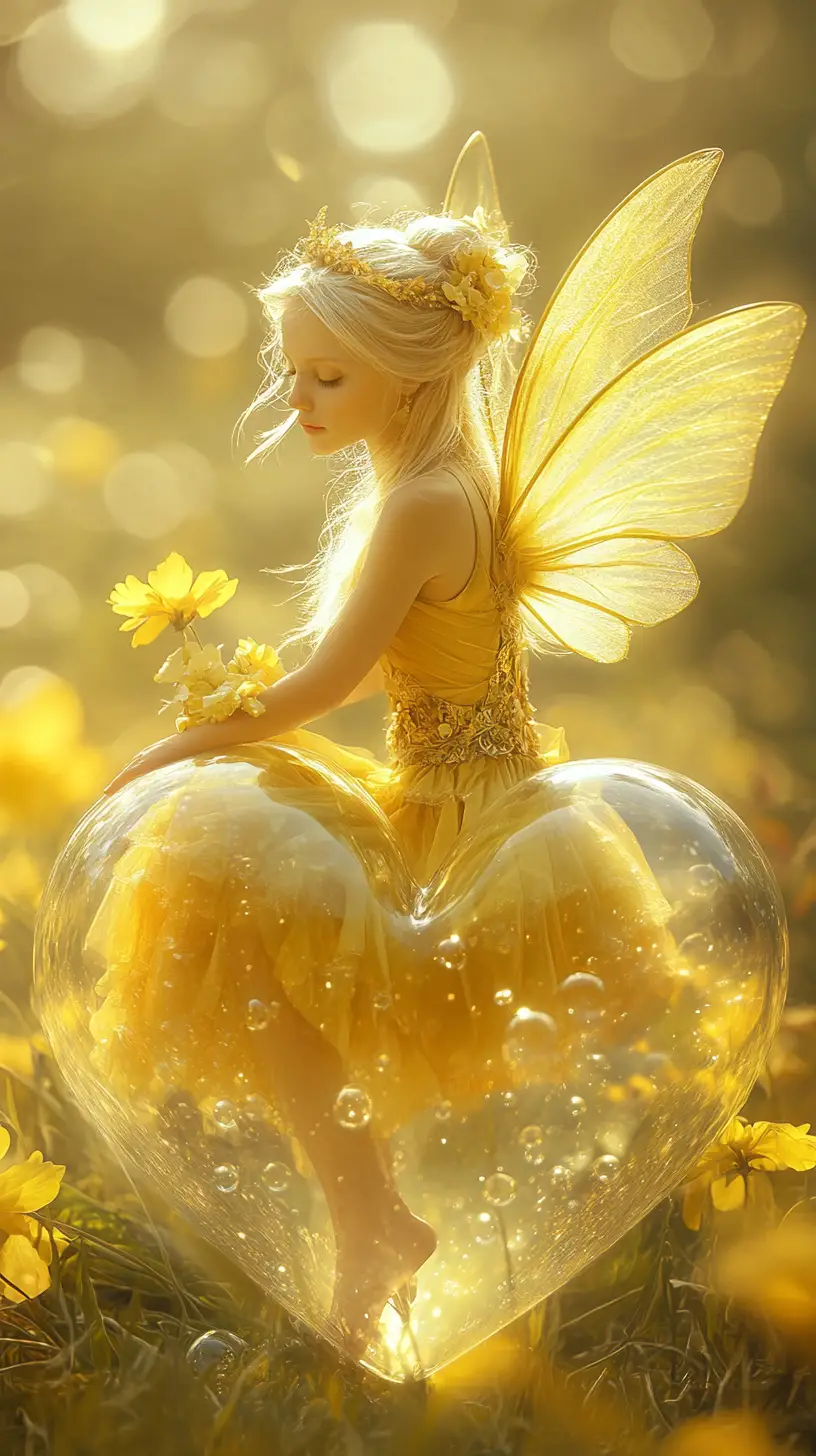Golden haired fairy sitting on a glowing heart orb