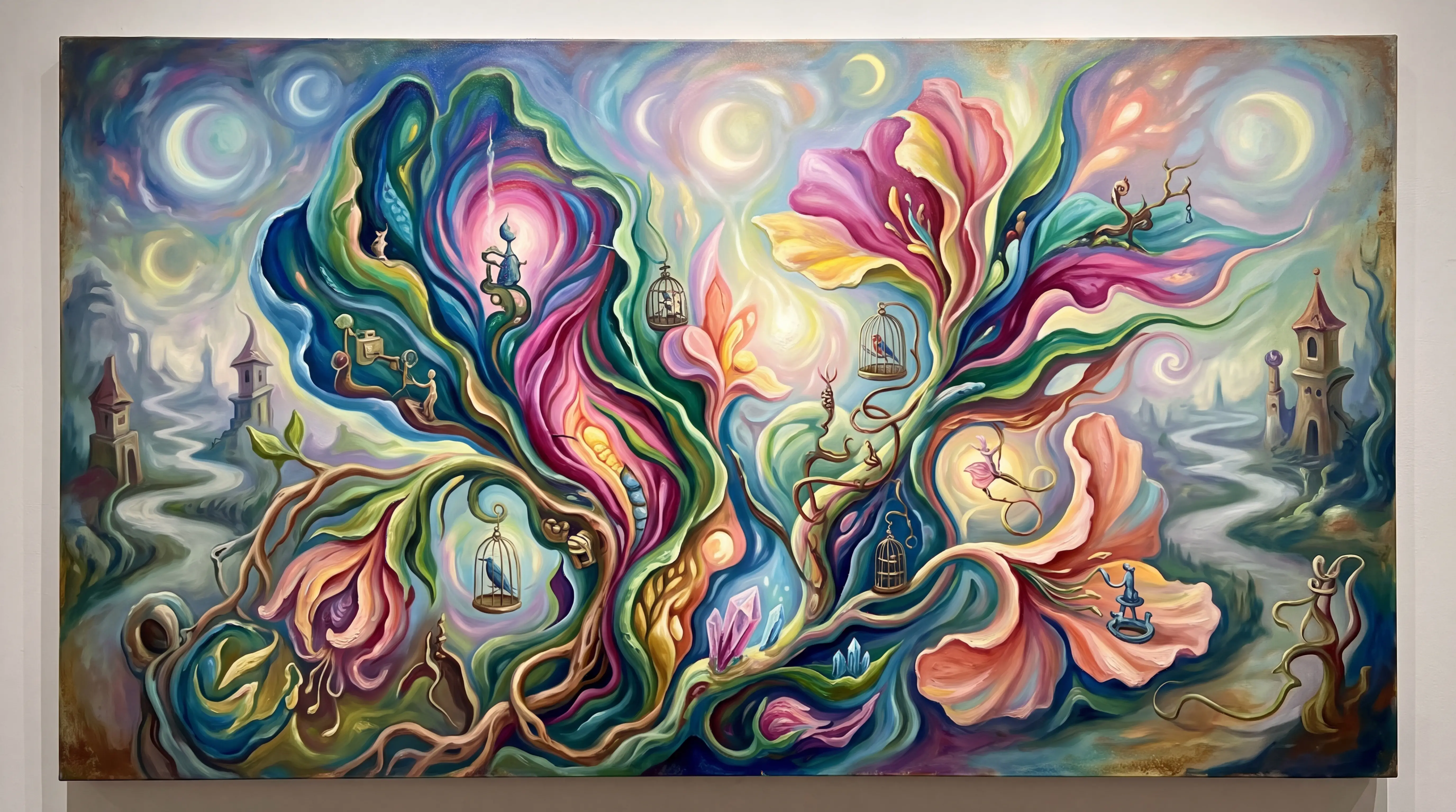 Dreamlike surreal painting of organic forms and landscapes