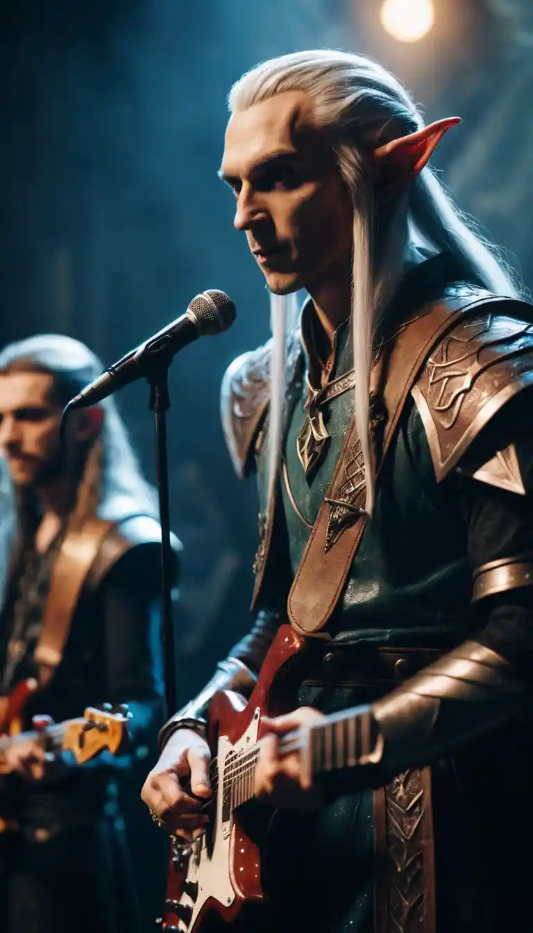 Cantante principale elfa fantasy in una rock band in stile Dungeons & Dragons