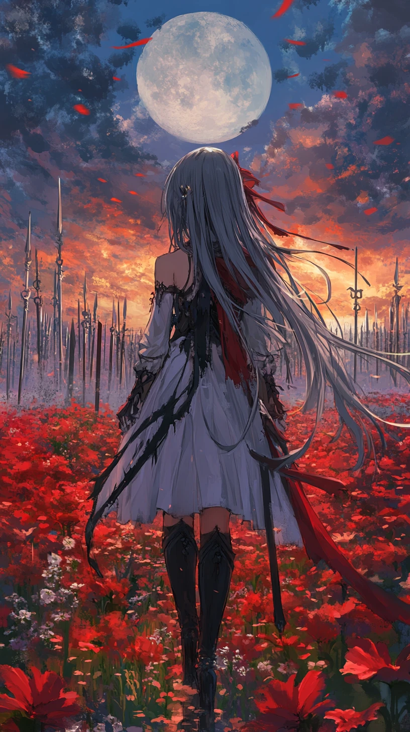 走在紅色彼岸花石徑上的動漫少女