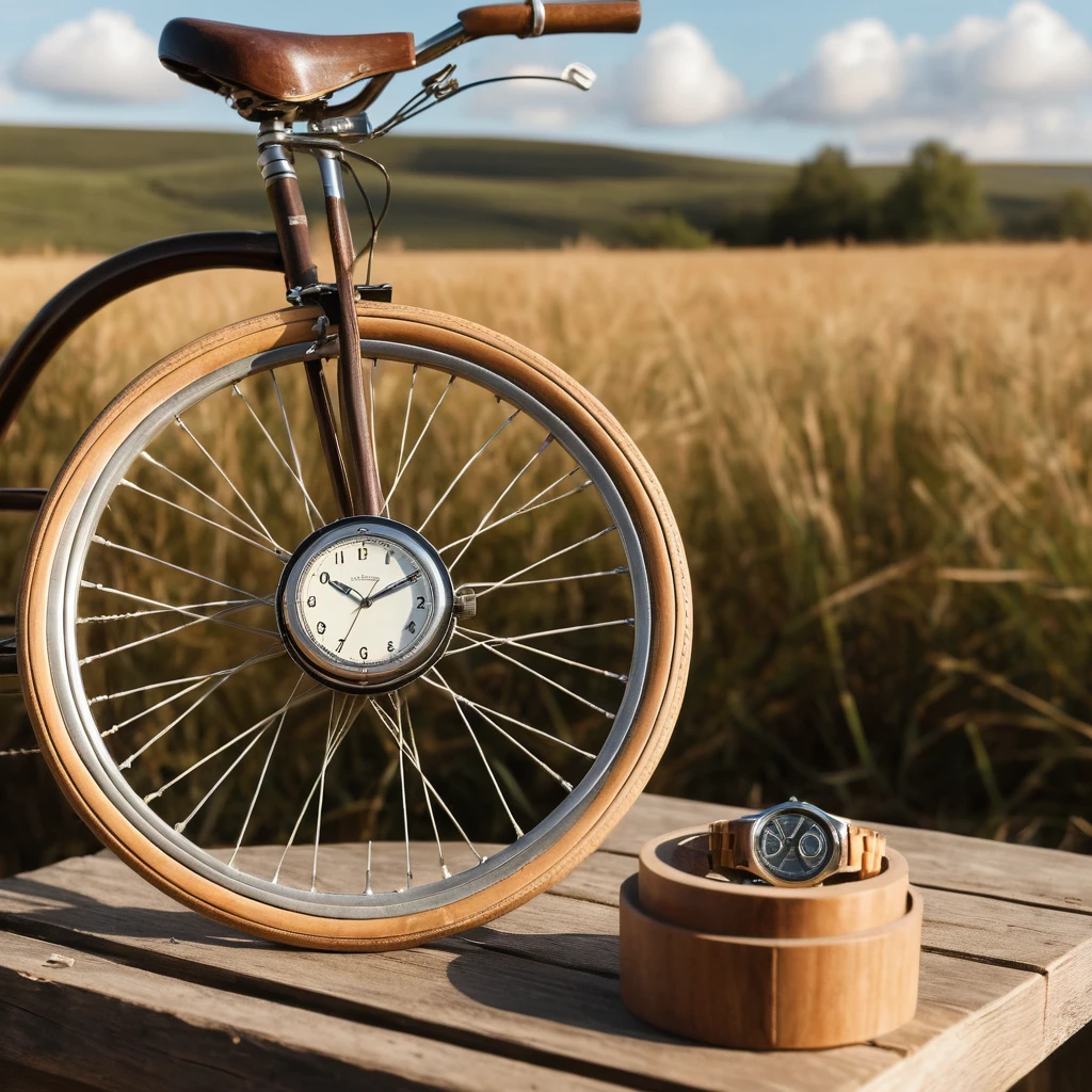 Vintage bicycle wheel with digital watch in warm sunlight
