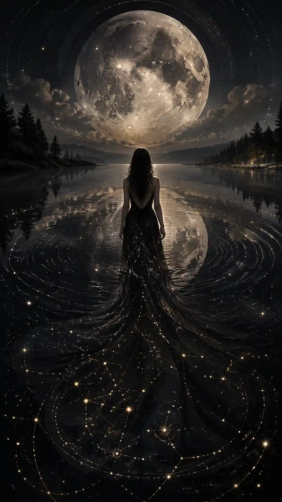 Mujer en un lago a medianoche bajo una luminosa doble luna