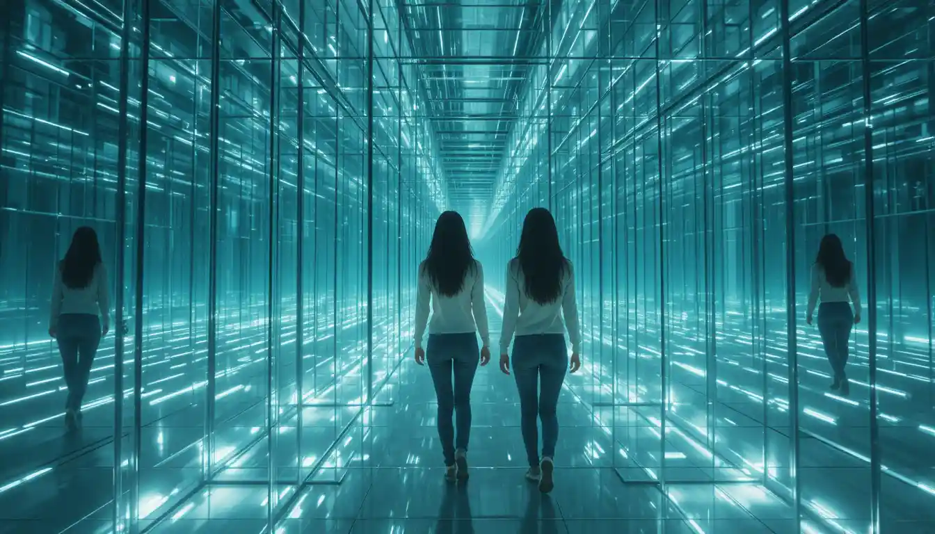 Deux femmes perdues dans un colossal labyrinthe de verre et de reflets