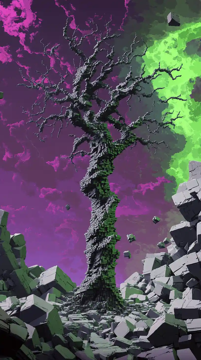 Árbol muerto solitario en un caótico mundo de bloques vóxel grises