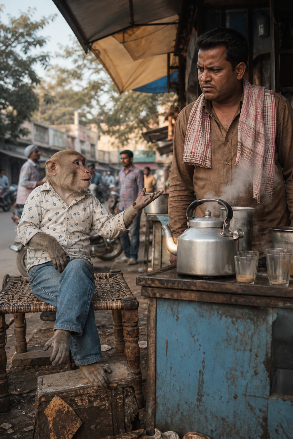 Funny realistic monkey at a street tea stall