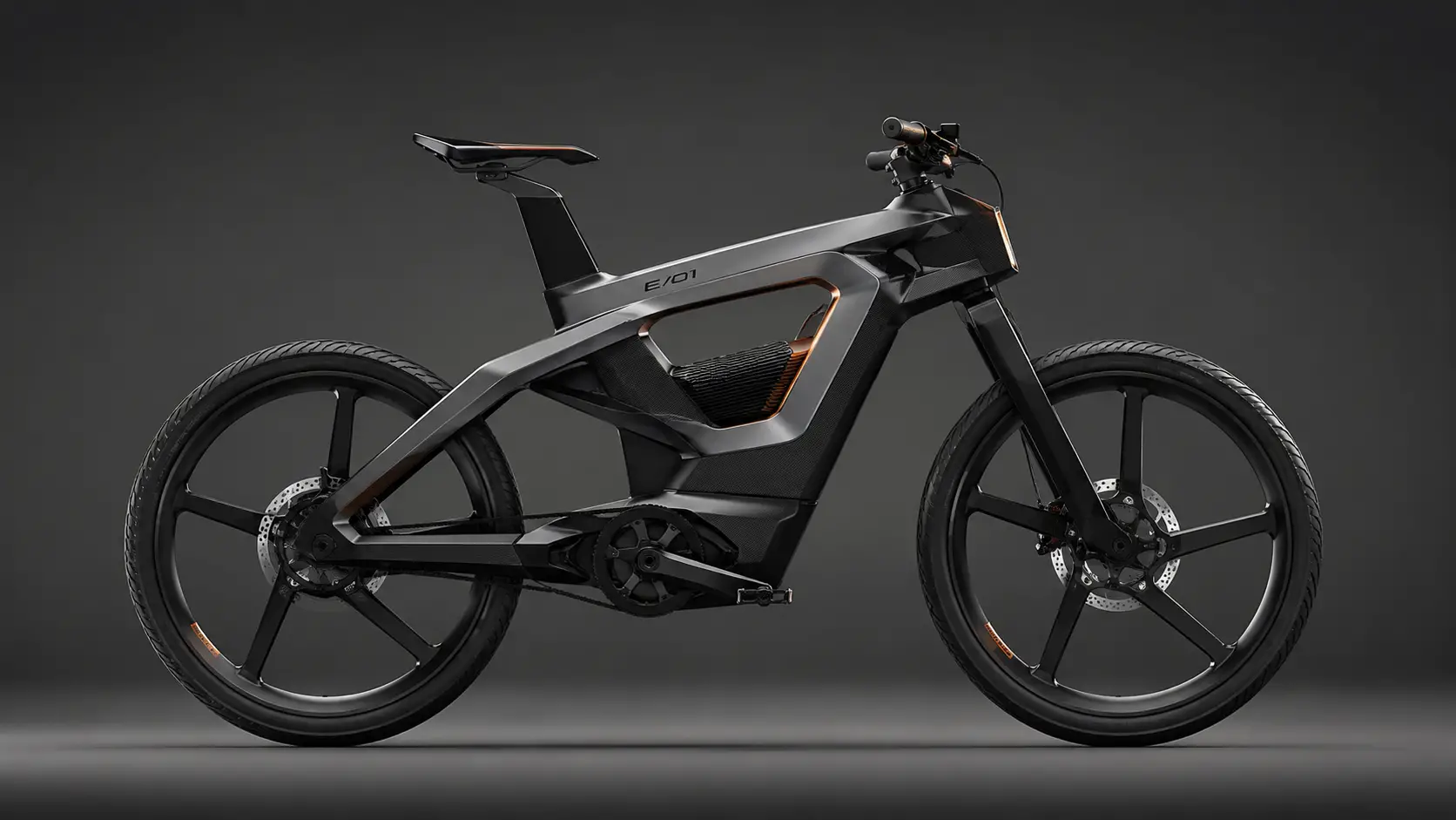 Bicicletta elettrica futuristica in vista laterale in studio