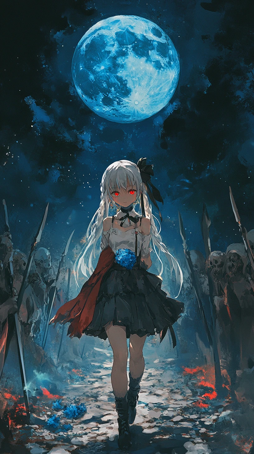 夜色中在鬼魅戰士之間行走的憂傷動漫少女