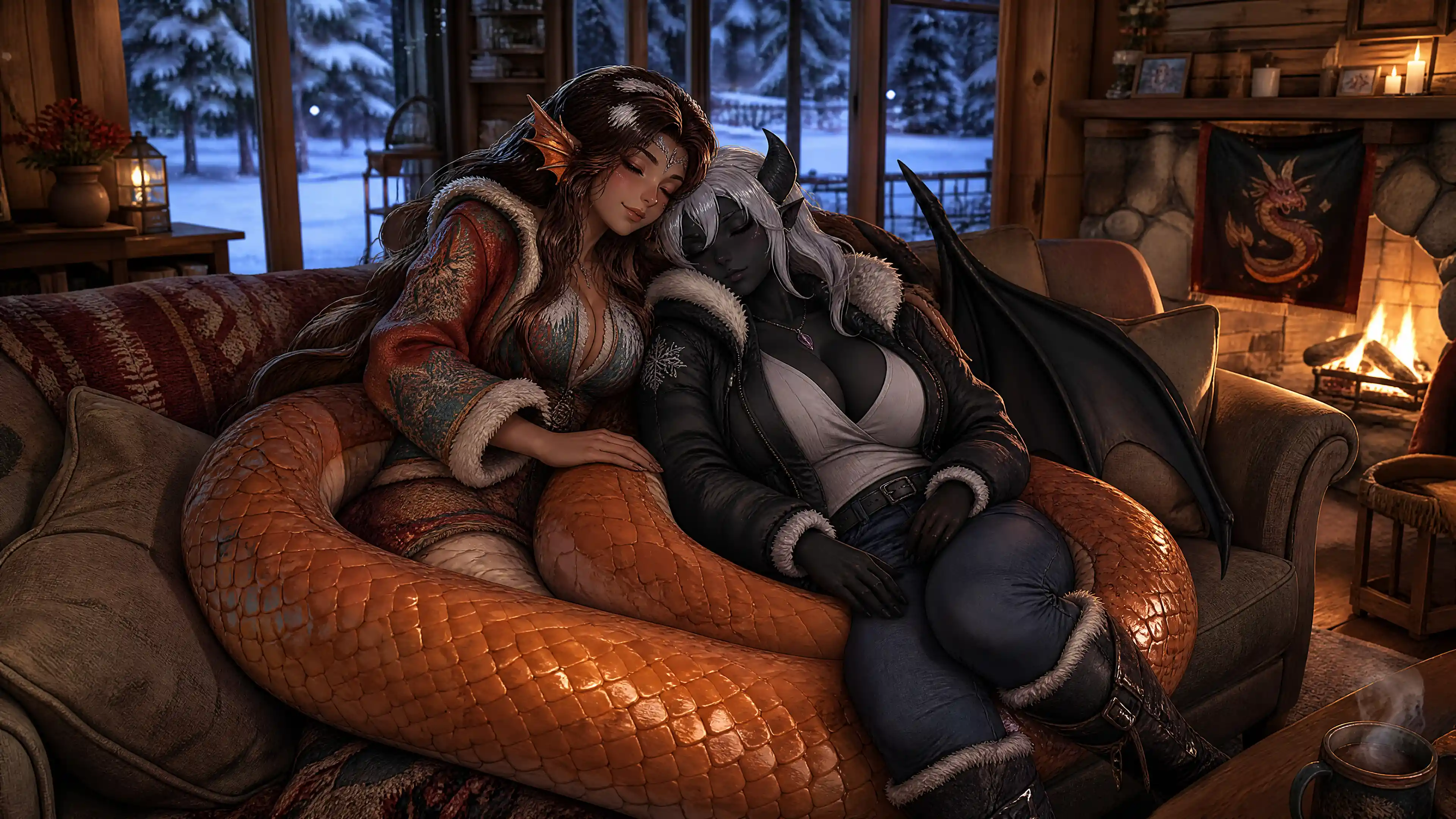 Naga woman embracing gargoyle wife on winter cabin couch
