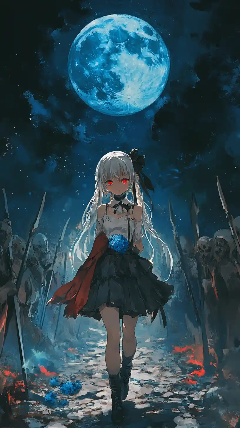 夜色中在鬼魅戰士之間行走的憂傷動漫少女