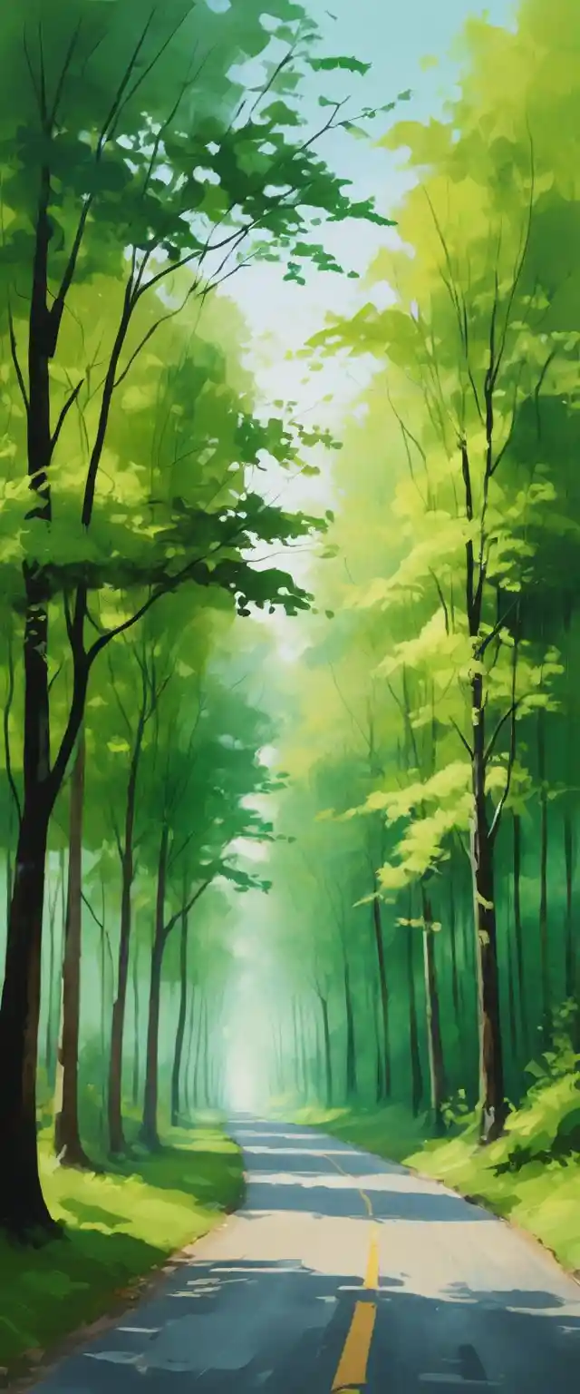 Estrada na floresta serpenteando entre altas árvores verdes em pintura suave