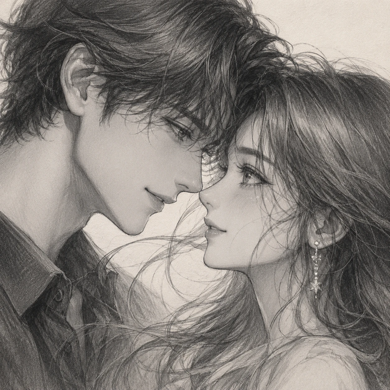 Romantic anime couple pencil portrait in close up view