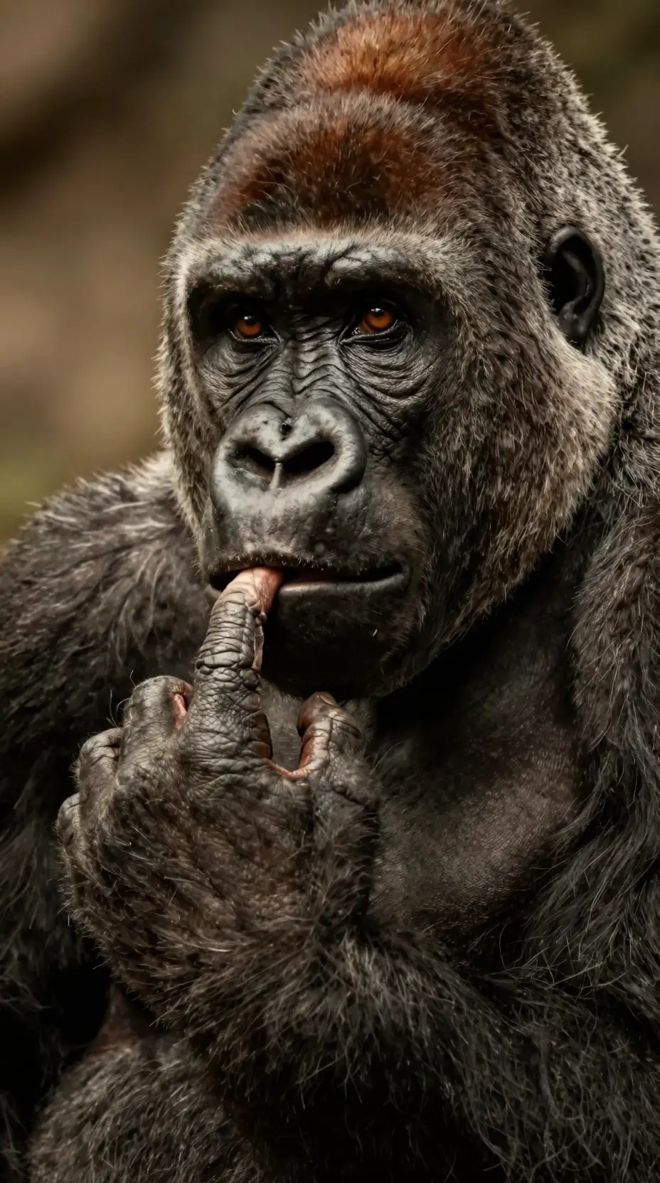 若有所思的大猩猩特寫，手靠近臉部