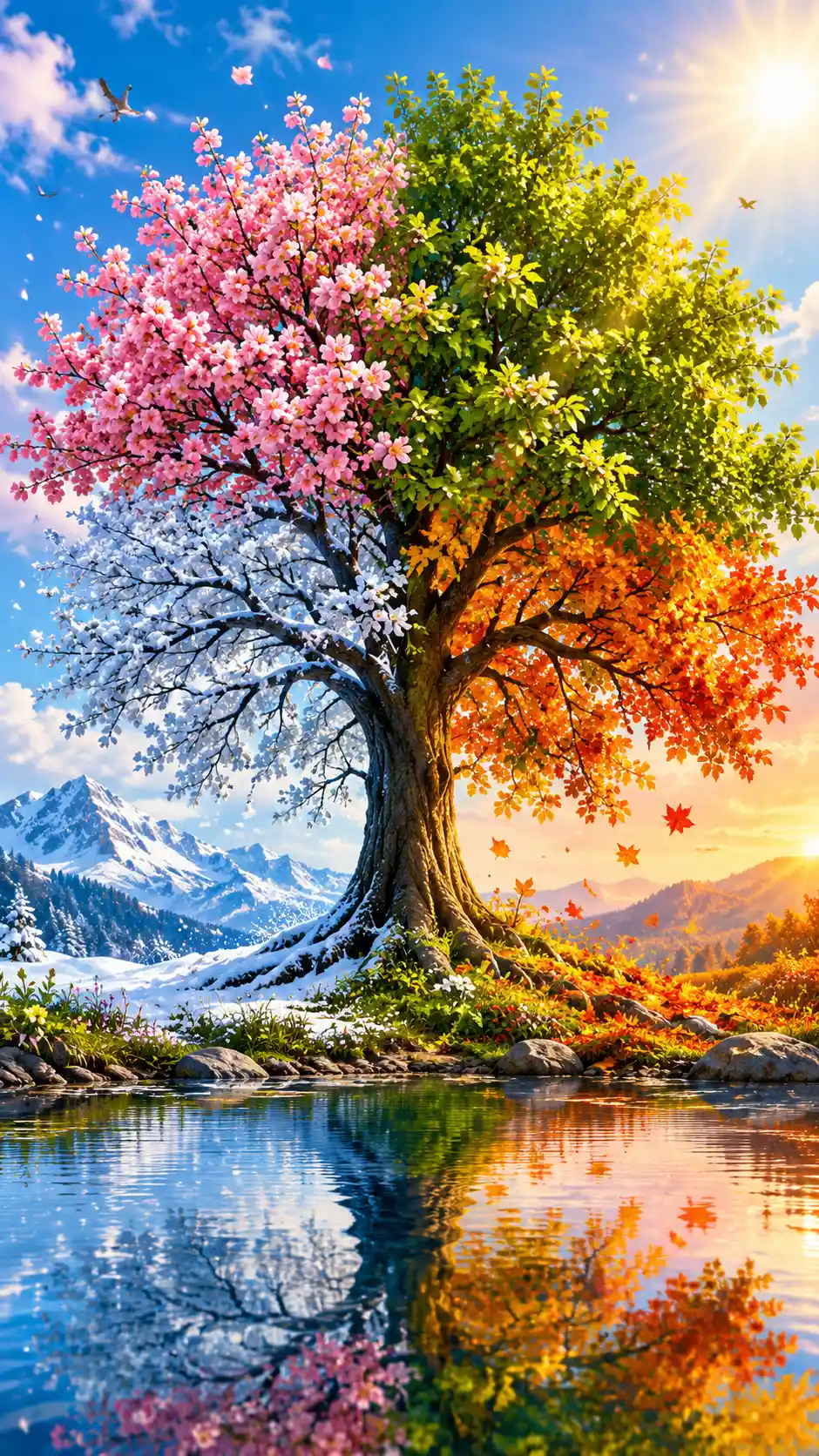 Vibrant digital illustration of the four cheerful seasons