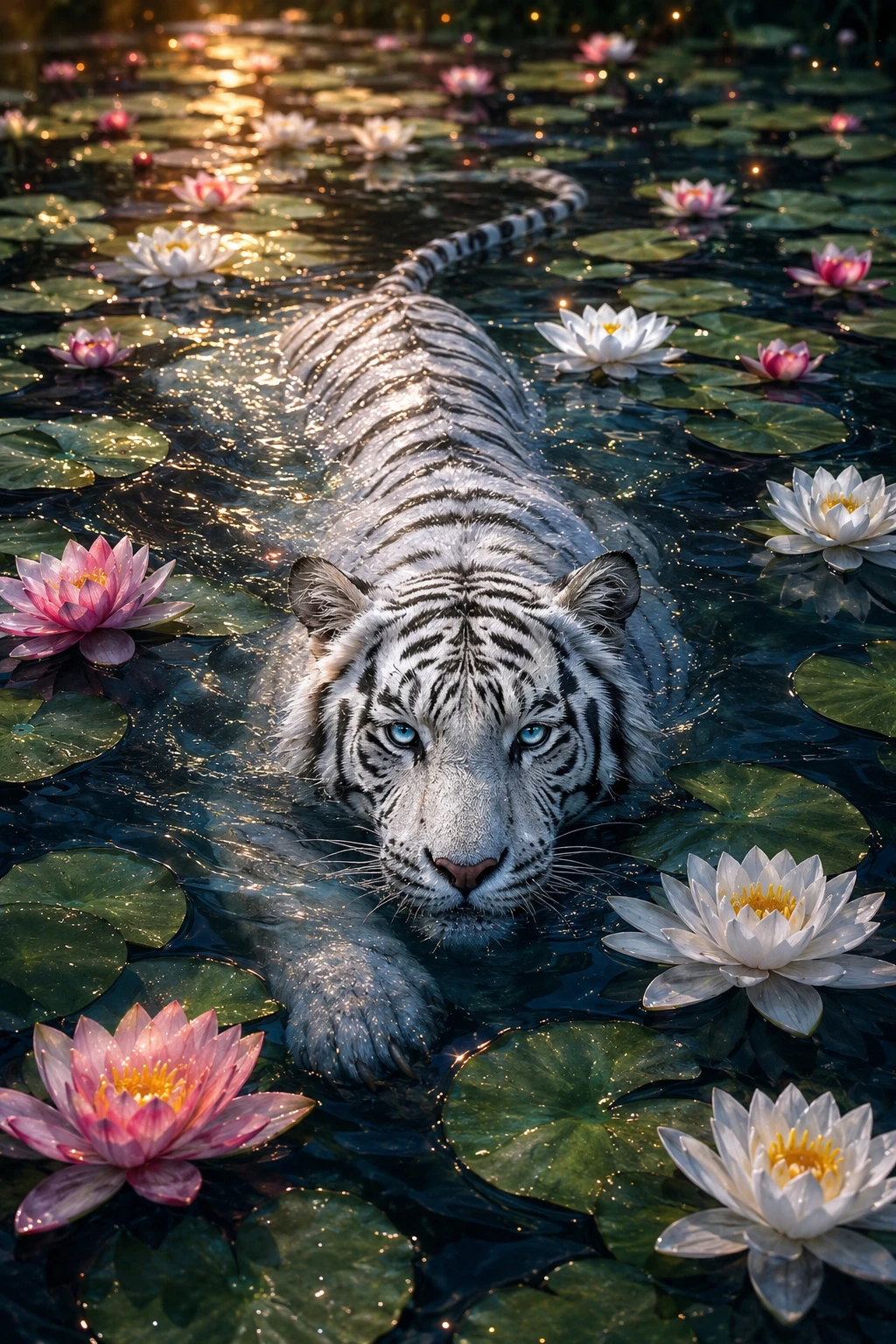 白虎悠游於寧靜的睡蓮湖面