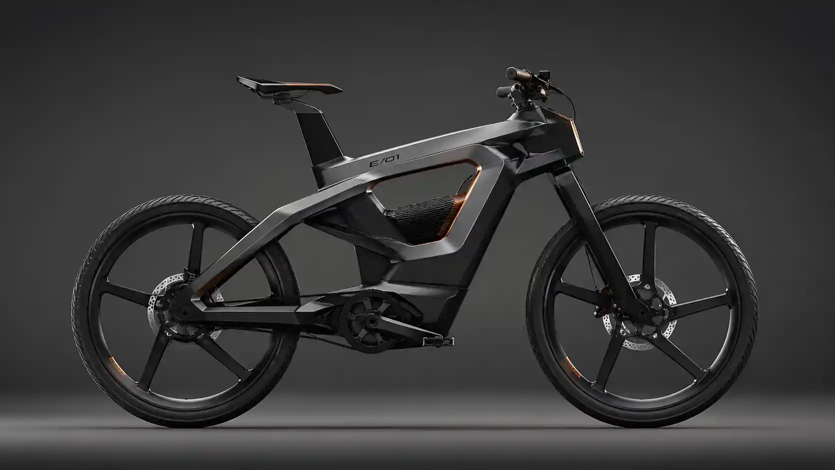 Bicicletta elettrica futuristica in vista laterale in studio