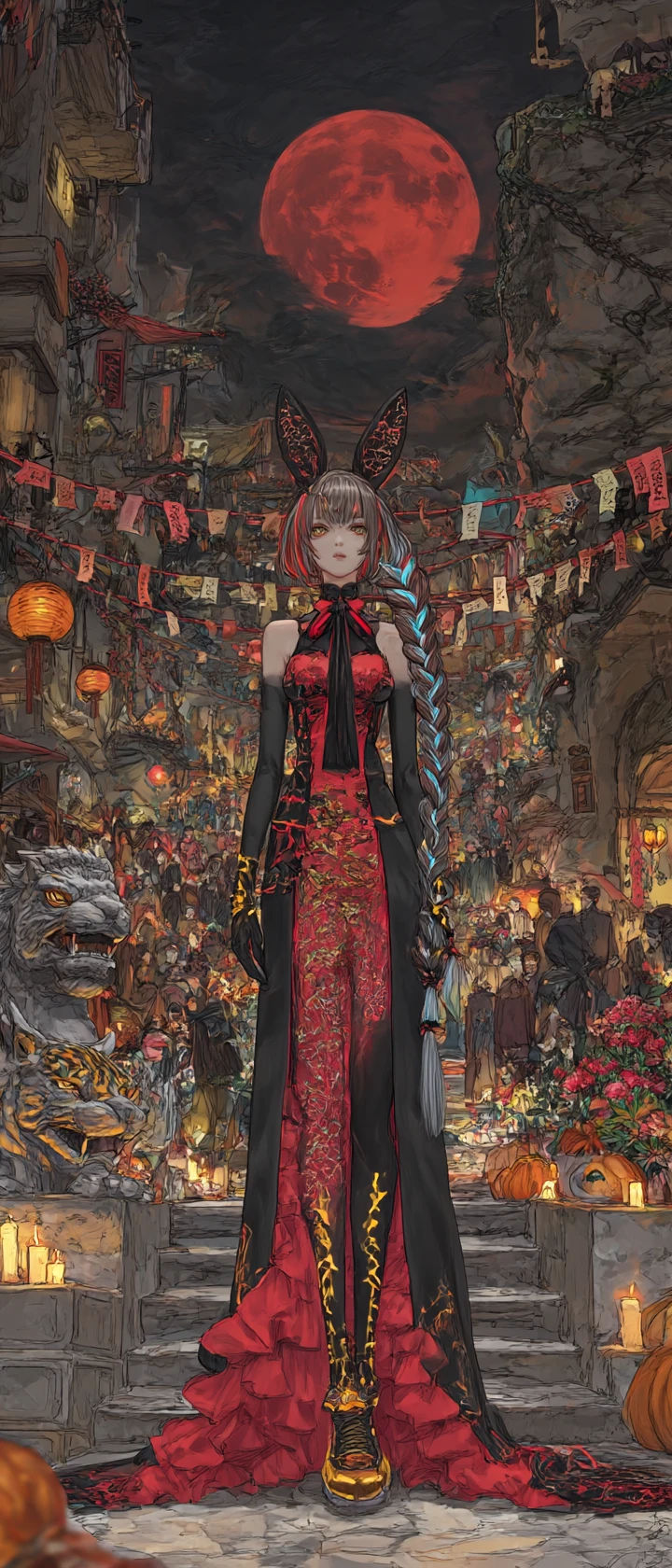 暗紅月下的奇幻城市街頭嘉年華
