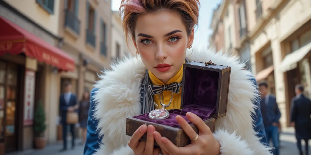 Man offering silver locket to woman in fur coat