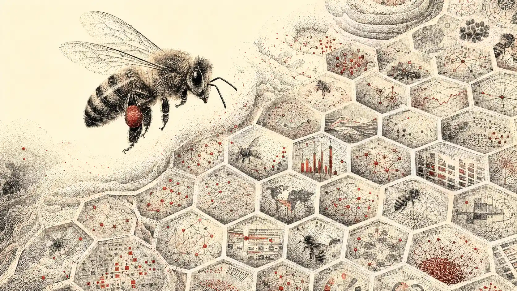 Honeybee Hovering Over Surreal Data Filled Honeycomb Pattern