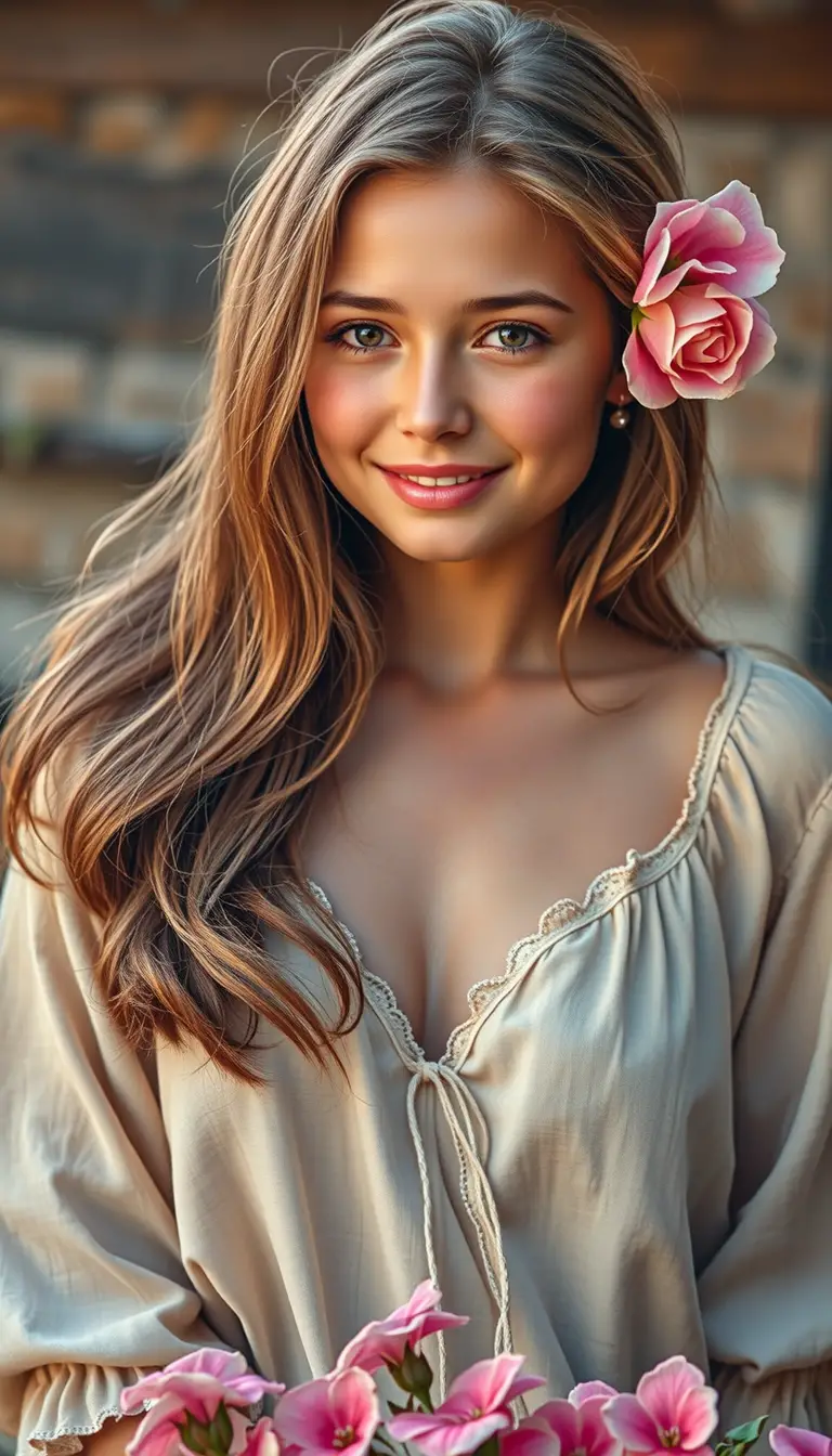 戴草帽與花的年輕女子感性人像
