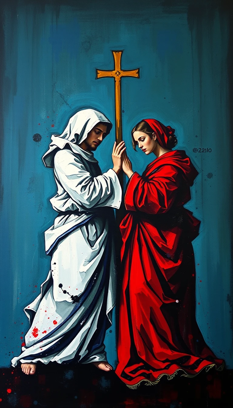 Semi figurative devotional abstract figures in rich paint