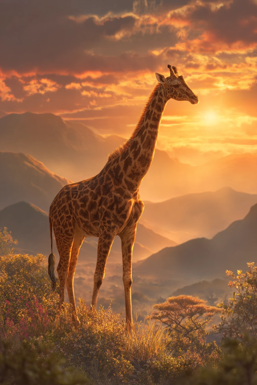 Majestic giraffe in a golden savanna sunset landscape