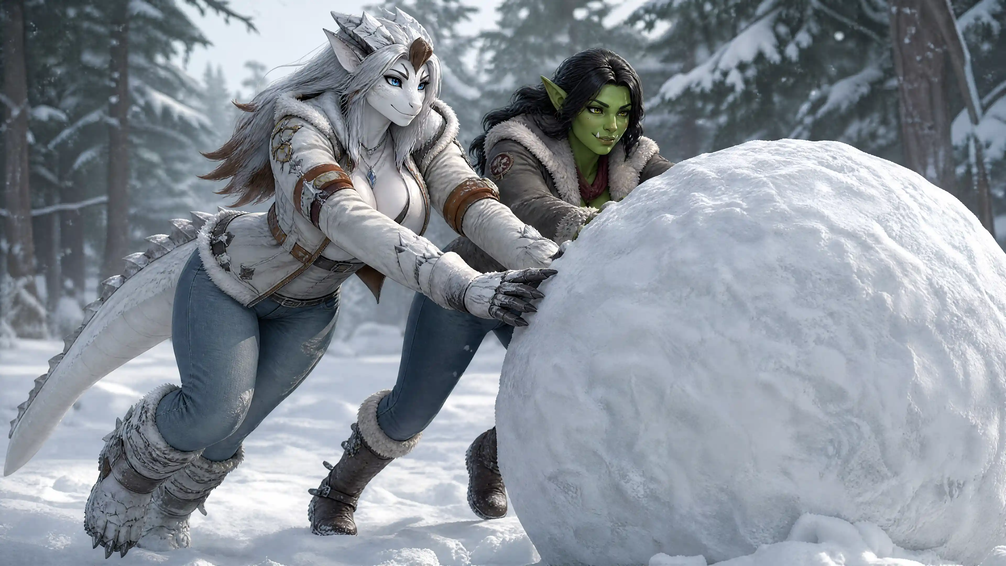 Two fantasy women pushing a massive snowball together