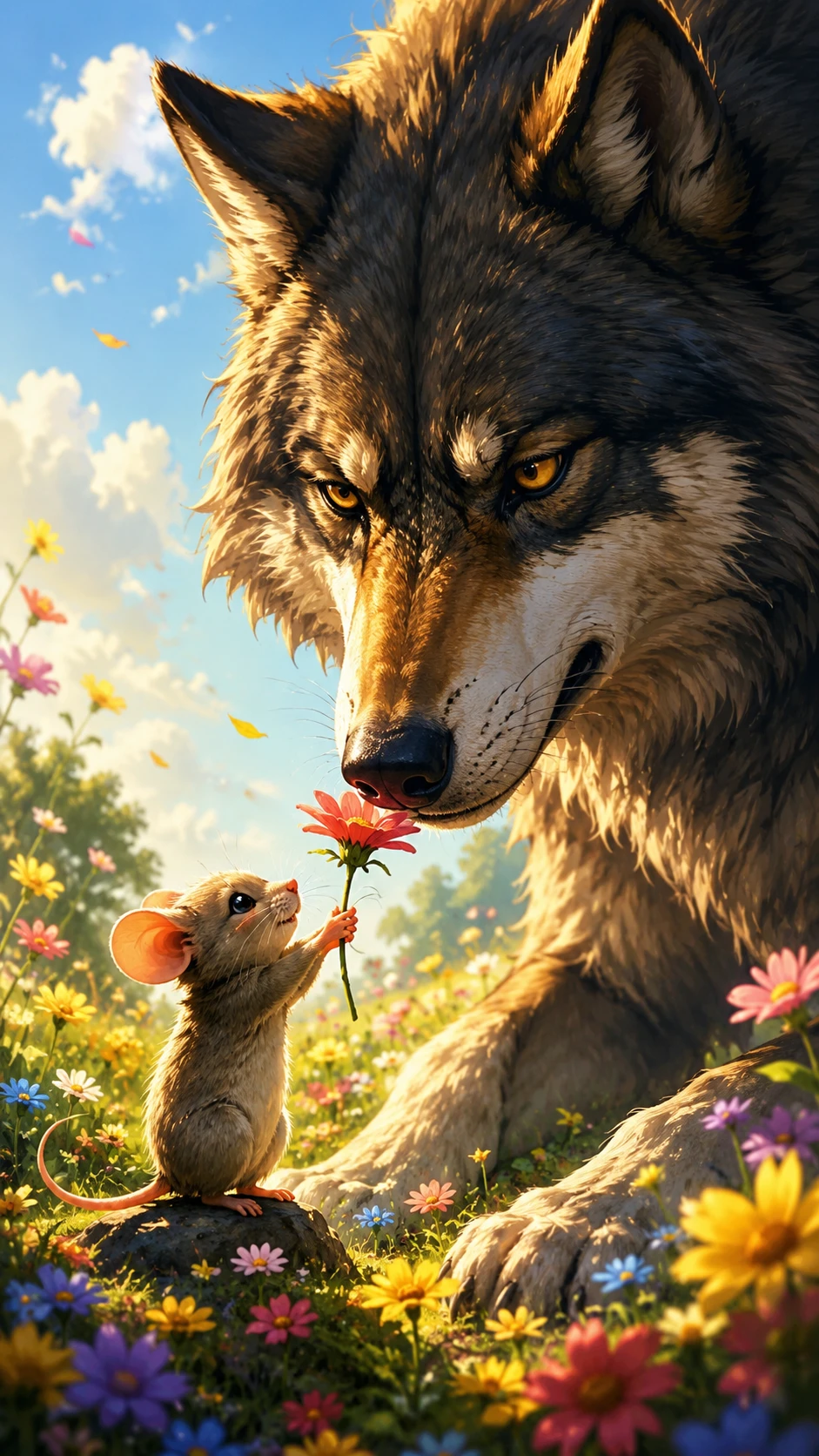 Huge wolf receiving a flower from a cute tiny mouse