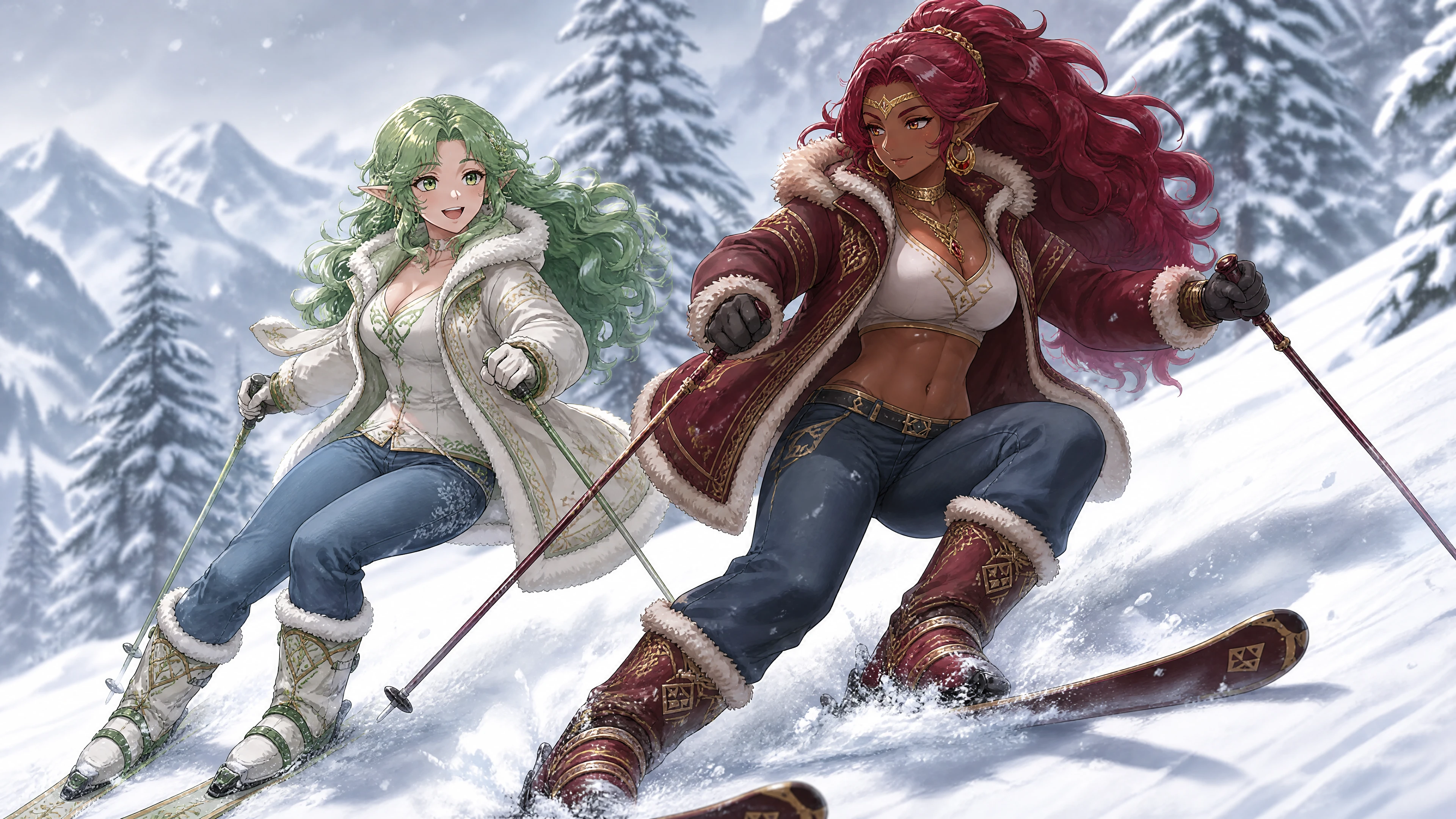 兩位奇幻女性在雪林中一起滑雪
