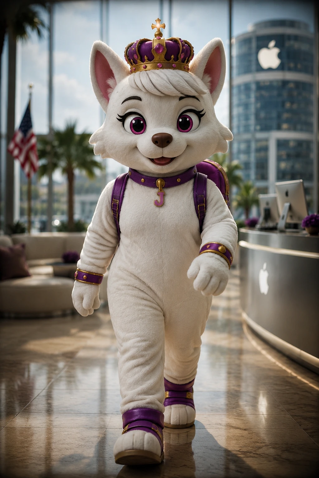 Dog mascot princess standing in a cinematic widescreen scene